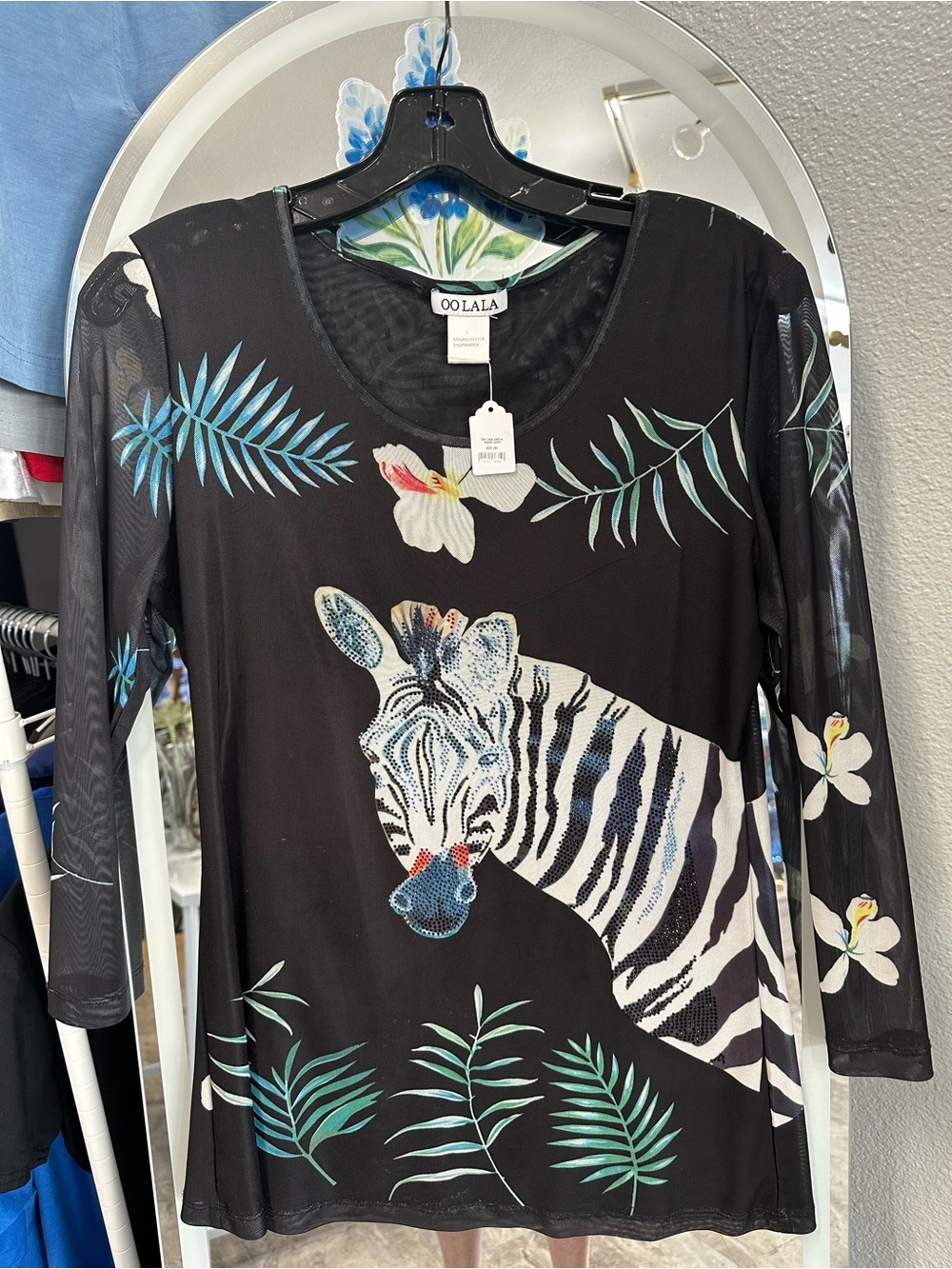 Black Zebra Print Long Sleeve Top with Tropical Leaves